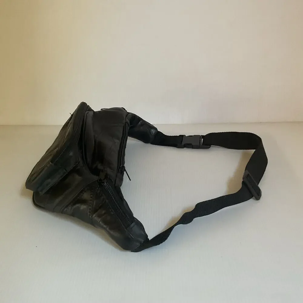 Vintage Genuine Leather Black Fanny Pack Waist Bag Multi Pocket Adjustable